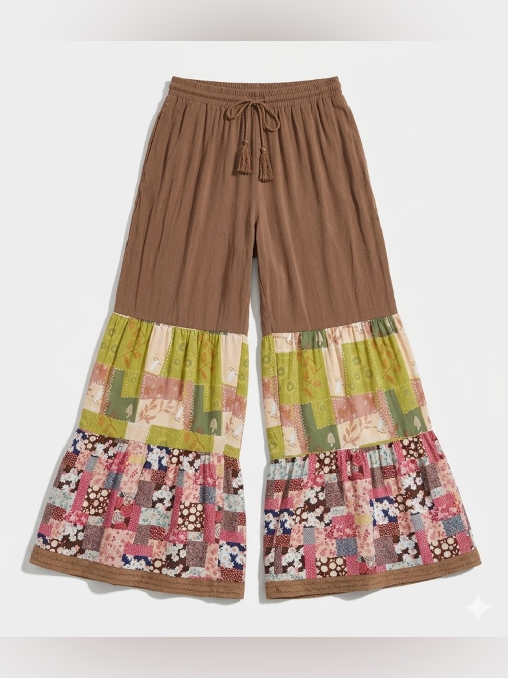 Easel Boho Patchwork Palazzo Wide Leg Pants Size Small Brown Multi NWT - Picture 1 of 11